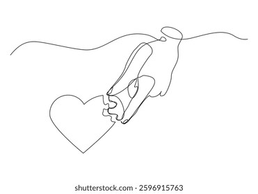 Continuous single line of palm hand holding love heart jigsaw puzzle for valentine day relationship or health care abstract sketch drawing vector illustration