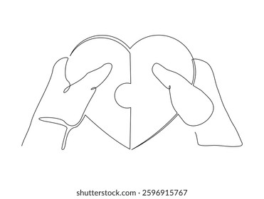 Continuous single line of palm hand holding love heart jigsaw puzzle for valentine day relationship or health care abstract sketch drawing vector illustration