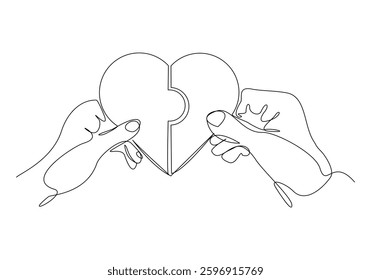 Continuous single line of palm hand holding love heart jigsaw puzzle for valentine day relationship or health care abstract sketch drawing vector illustration