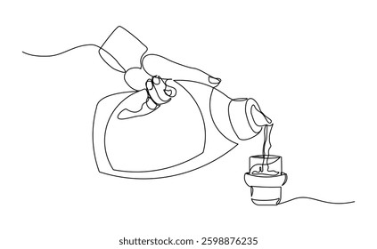 Continuous single line of people hand holding and pouring laundry liquid soap detergent bottle for clothes washer sketch drawing editable stroke vector illustration