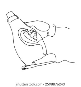 Continuous single line of people hand holding and pouring laundry liquid soap detergent bottle for clothes washer sketch drawing editable stroke vector illustration