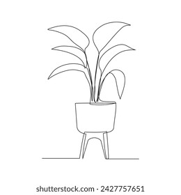 Kontinuierliche Single Line Topf Blatt tropische Baum Dekoration Inneneinrichtung. Eine Linie Zeichnung des Wohnzimmers mit modernen Möbelvektorillustrationen