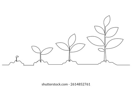 Continuous single line of seeds growth. Step of nature and economical growing up success sketch drawing editable stroke vector illustration