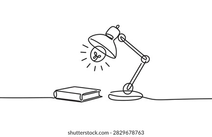 A continuous single line showing a desk lamp casting light onto a closed book. The minimalist black ink is set against a plain white background, representing study and reading.