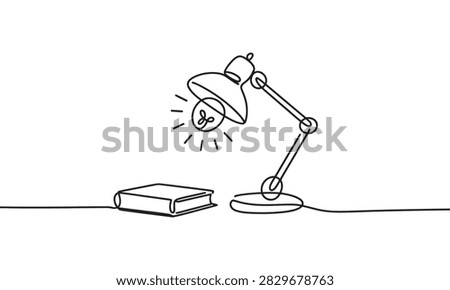 A continuous single line showing a desk lamp casting light onto a closed book. The minimalist black ink is set against a plain white background, representing study and reading.
