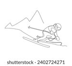 Continuous single line sketch drawing of man skier snow ski down and jump the snowy mountain fast speed. One line art of extreme sport snow ski vector