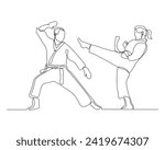Continuous single line sketch drawing of young man and woman confident karateka in kimono practicing fight karate combat. One line traditional martial art sport training concept Vector illustration
