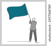 Continuous single line sketch drawing of business man holding flag show success victory work goal. Vector illustration one line of business achievement