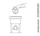 Continuous single line sketch drawing of hand throwing garbage into recycle bin. Dustbin rubbish bin and trash garbage bag home appliance kitchenware tools one line vector illustration