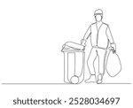 Continuous single line sketch drawing of man holding pushing rubbish bin garbage plastic box container trash can one line vector illustration