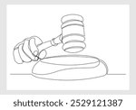 Continuous single line sketch drawing of hand holding and knock hit gavel judge law wooden hammer court justice lawyer one line editable eps vector illustration	