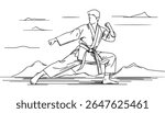 Continuous single line sketch drawing of young man and woman confident karateka in kimono practicing fight karate combat. One line traditional martial art sport training concept Vector illustration