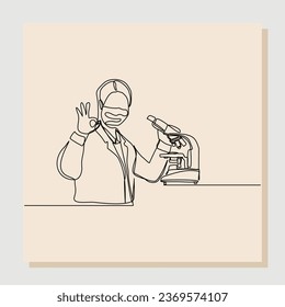 Continuous single line sketch drawing of female scientist analyze using microscope in laboratory. One line concept of science work space. Vector illustration