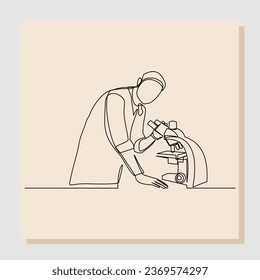 Continuous single line sketch drawing of male scientist analyze using microscope in laboratory. One line concept of science work space. Vector illustration