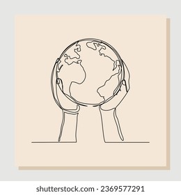 continuous single line sketch drawing of palm hand holding earth globe. One line concept of save nature ecology. Vector illustration