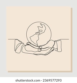 continuous single line sketch drawing of palm hand holding earth globe. One line concept of save nature ecology. Vector illustration