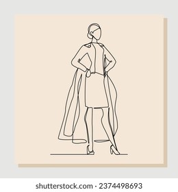 Continuous single line sketch drawing of standing business super hero woman. Vector illustration one line concept of power employee, success achievement, business hero leader