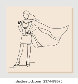 Continuous single line sketch drawing of standing business super hero woman. Vector illustration one line concept of power employee, success achievement, business hero leader