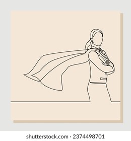 Continuous single line sketch drawing of standing business super hero woman. Vector illustration one line concept of power employee, success achievement, business hero leader