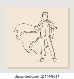 Continuous single line sketch drawing of standing business super hero man. Vector illustration one line concept of power employee, success achievement, business hero leader