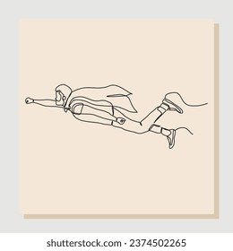 Continuous single line sketch drawing of flying business super hero man. Vector illustration one line concept of power employee, success achievement, business hero leader
