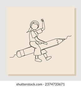 Esbozo continuo de línea única dibujando a una mujer de negocios montando un lápiz grande. Ilustración de vectores concepto de una línea de crecimiento de negocios éxito