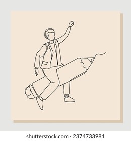 Continuous single line sketch drawing art business man riding flying big pencil. Vector illustration one line concept of business growth success