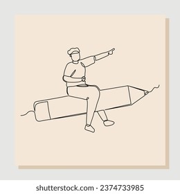 Continuous single line sketch drawing art business man riding flying big pencil. Vector illustration one line concept of business growth success