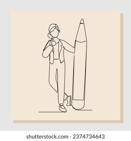 Continuous single line sketch drawing art business woman standing hold big pencil. Vector illustration one line concept of business growth success