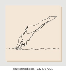 Continuous single line sketch drawing art of swimming athlete woman jumping to start swim competition. Vector illustration one line of healthy sport lifestyle