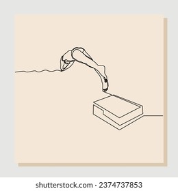 Continuous single line sketch drawing art of swimming athlete man jumping to start swim competition. Vector illustration one line of healthy sport lifestyle