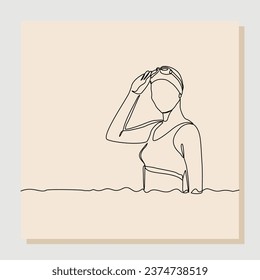 Continuous single line sketch drawing art of swimming athlete woman standing on the pool. Vector illustration one line of healthy sport lifestyle