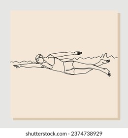 Continuous single line sketch drawing art of swimming athlete man dive swim on the pool. Vector illustration one line of healthy sport lifestyle