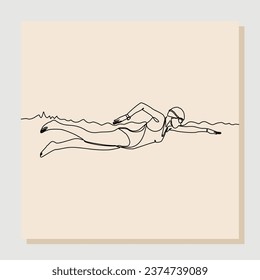 Continuous single line sketch drawing art of swimming athlete man dive swim on the pool. Vector illustration one line of healthy sport lifestyle