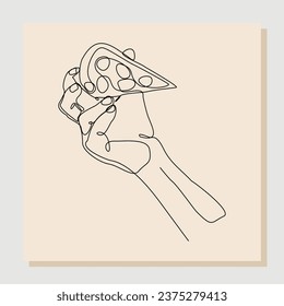 Continuous single line sketch drawing art of hand holding delicious sliced cheese pizza. Vector illustration one line of restaurant menu fast food