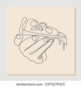 Kontinuierliche Skizze aus einer Hand, die leckere Pizza aus geschnittenem Käse hält. Vektorgrafik einer Linie von Speisekarte mit Schnellspeisen