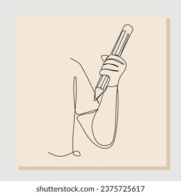 Continuous single line sketch drawing of hand holding big pencil. Vector illustration one line concept of business contract deal, education, secretary, writing