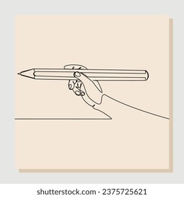 Continuous single line sketch drawing of hand holding big pencil. Vector illustration one line concept of business contract deal, education, secretary, writing