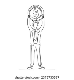 Esbozo continuo en línea de dibujo de un hombre de negocios con moneda de gran valor. Ilustración vectorial una línea de dinero de monedas en dólares perdidos