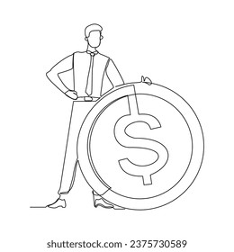 Continuous single line sketch drawing art of business man with big money coin. Vector illustration one line of loss dollar coins money