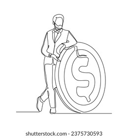 Continuous single line sketch drawing art of business man with big money coin. Vector illustration one line of loss dollar coins money