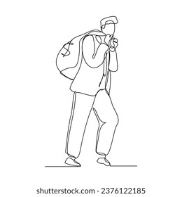 Continuous single line sketch drawing art of business man with big money bag. Vector illustration one line of bank savings dollar money