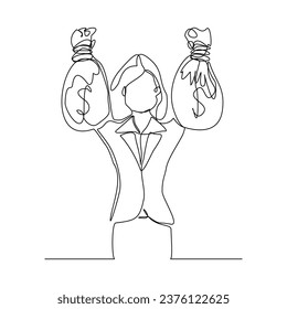 Esbozo continuo en línea de dibujo de una mujer de negocios con bolsa de dinero grande. Ilustración vectorial una línea de ahorro bancario en dinero en dólares
