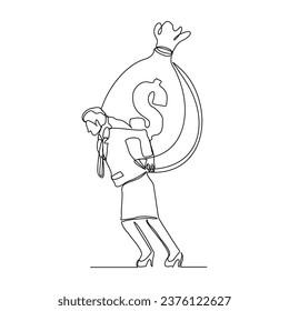 Continuous single line sketch drawing art of business woman with big money bag. Vector illustration one line of bank savings dollar money