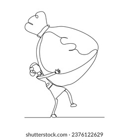 Continuous single line sketch drawing art of business woman with big money bag. Vector illustration one line of bank savings dollar money