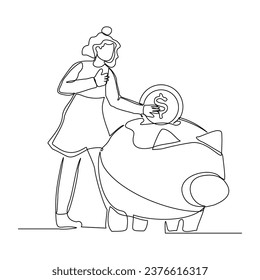 Continuous single line sketch drawing of business woman save coin in piggy bank. Vector illustration of one line money investment financial economy