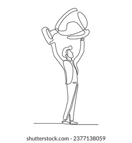 Continuous single line sketch drawing of business man successful achievement  goal holding trophy reward. one line vector illustration success leader employee corporate celebration 