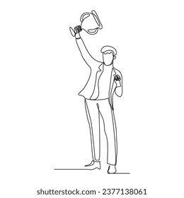 Continuous single line sketch drawing of business man successful achievement  goal holding trophy reward. one line vector illustration success leader employee corporate celebration 