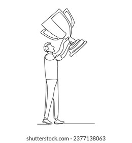 Esbozo continuo de una sola línea de la meta de éxito del hombre de negocios con recompensa de trofeo. ilustración vectorial de una línea éxito líder de la empresa del empleado 