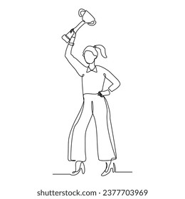 Continuous single line sketch drawing of business woman successful achievement goal holding trophy reward. one line vector illustration success leader employee corporate celebration